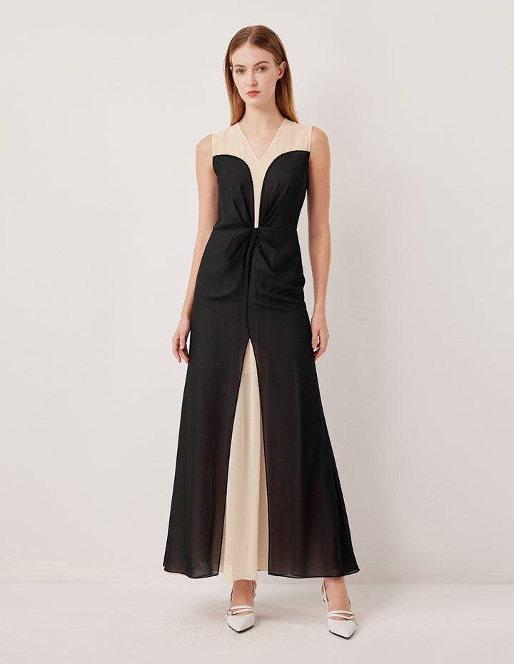 MARYLING V-neck Sleeveless Sheer Tulle Contrast Color Ruched Midi Dress