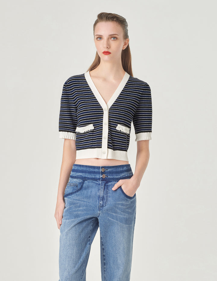 MARYLING Colour Block V-Neck Knitted Cardigan