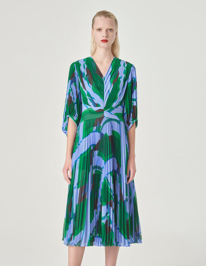 MARYLING V-Neck Mid-Length Sleeve A-Line Printed Dress