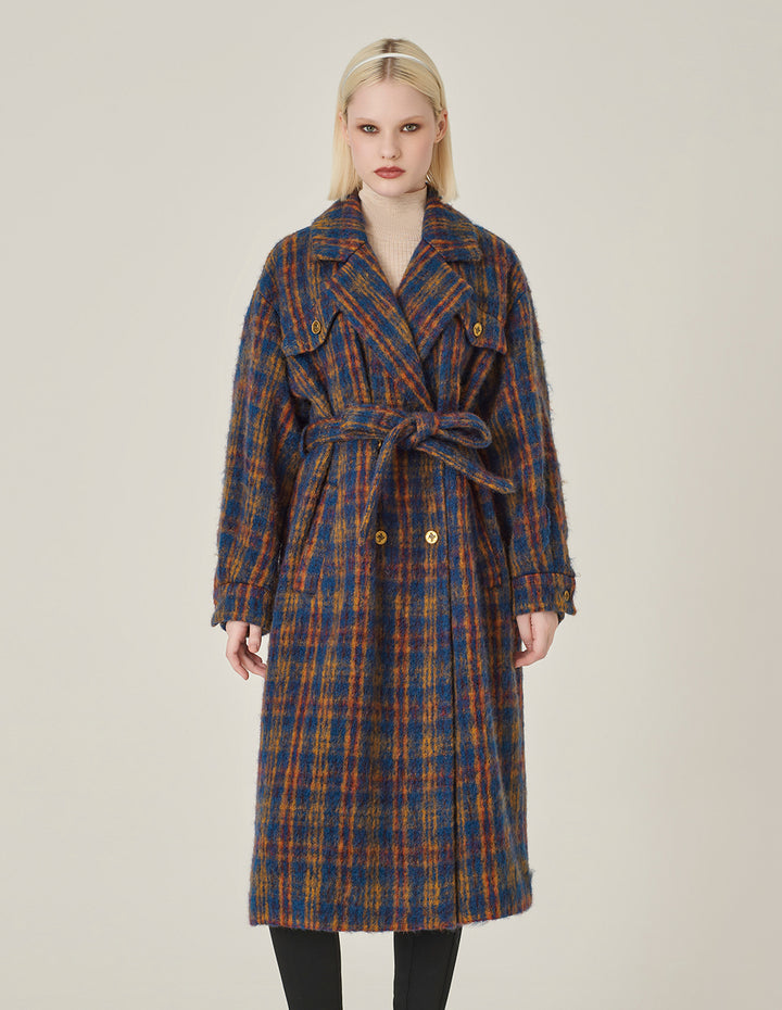 MARYLING Lapel Double-Breasted Red & Blue Plaid H-Shaped Coat