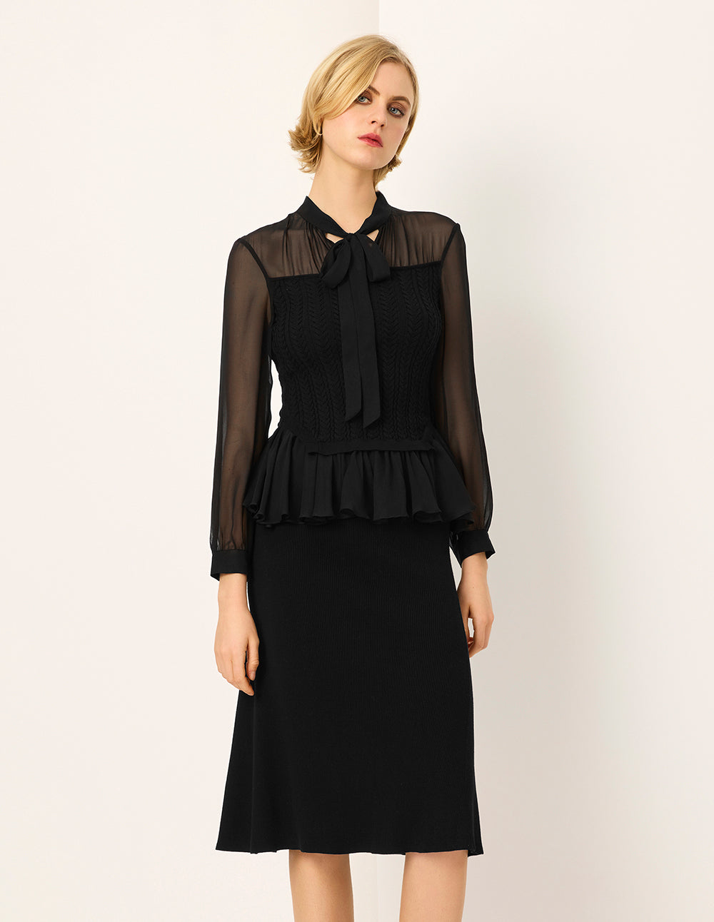 MARYLING Stand Tie Collar Long Sleeve Black Sheer Top