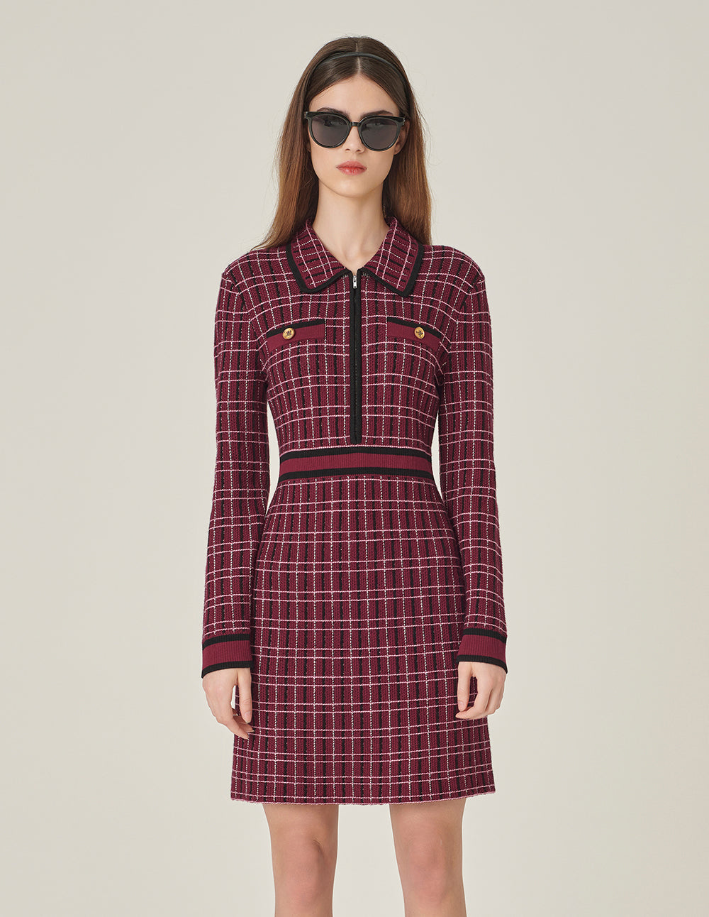 MARYLING Red & Black Plaid Long-Sleeve Imitation Tweed A-Line Knitted Midi Dress