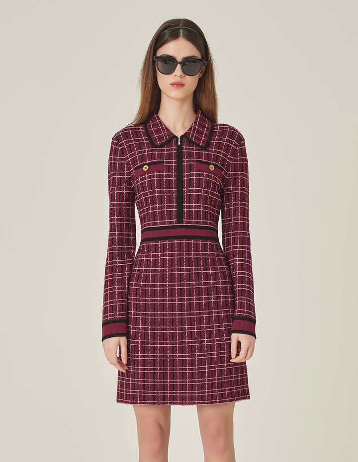 MARYLING Red & Black Plaid Long-Sleeve Imitation Tweed A-Line Knitted Midi Dress
