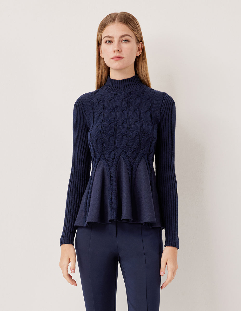 MARYLING Cable Knit Ribbed A-Line Hem Sweater
