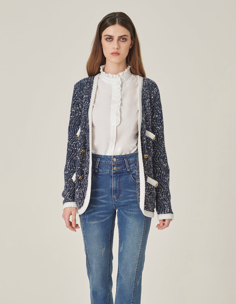 MARYLING Tweed Multi-Pocket V-Neck Knitted Cardigan