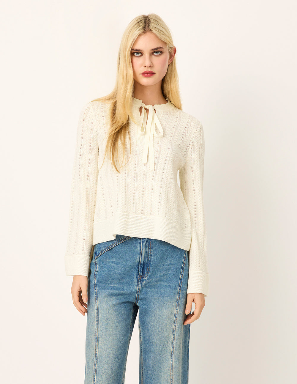 MARYLING V-Neck Tied Long-Seeve Silk Top