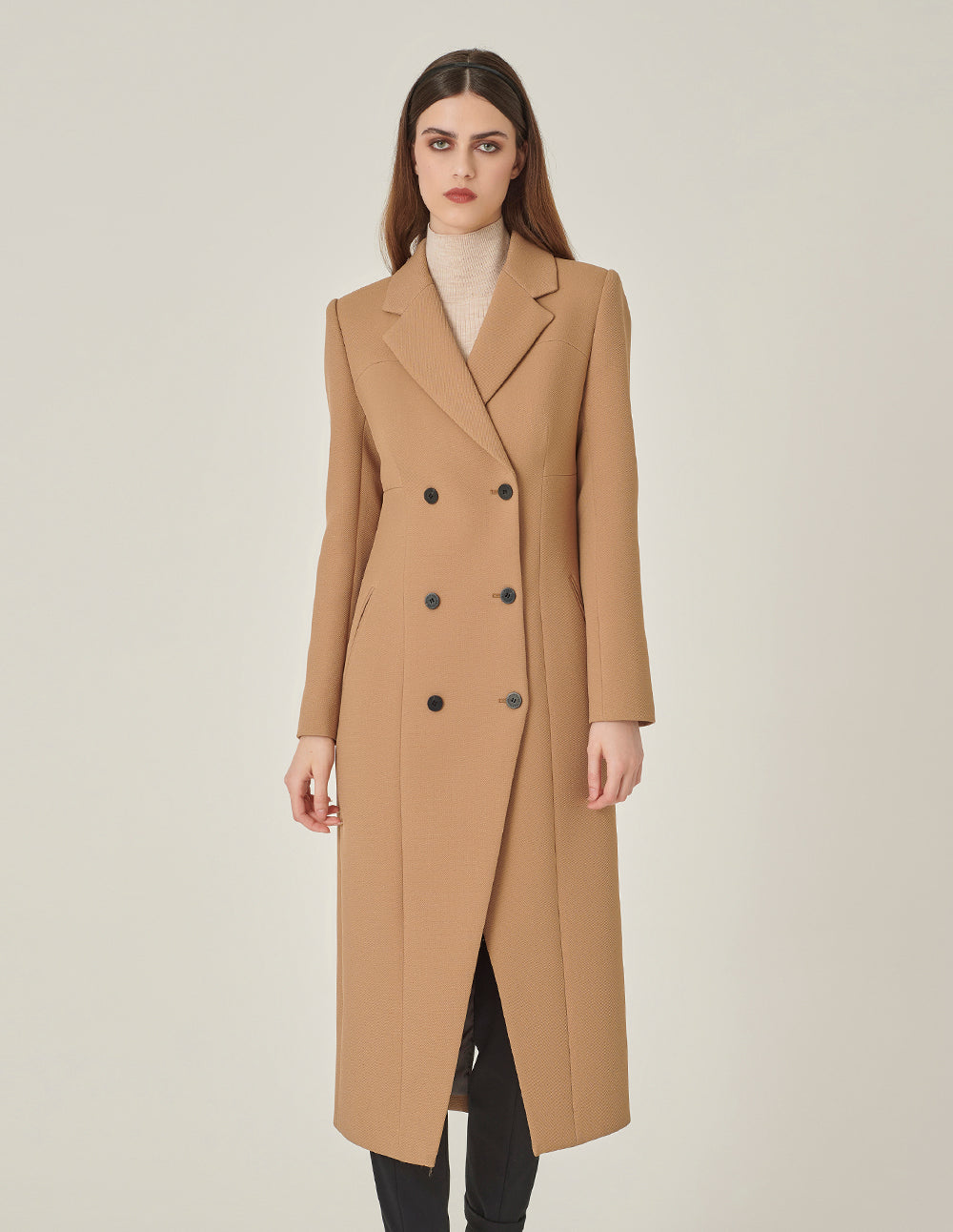 MARYLING Camel Peaked Lapel Double-Breasted Long Coat