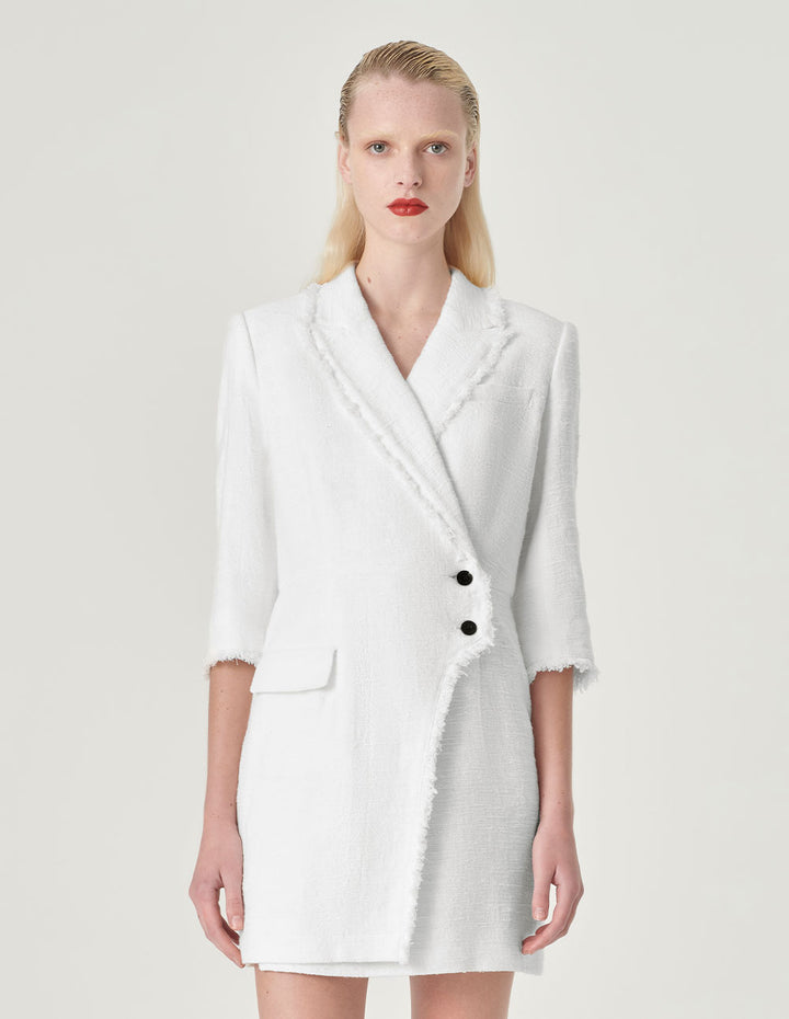 MARYLING White Lapel Collar Tweed Dress