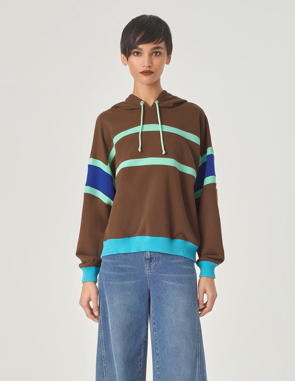 MARYLING Blue And Brown Colour Block Hooded Casual Sweatshirt
