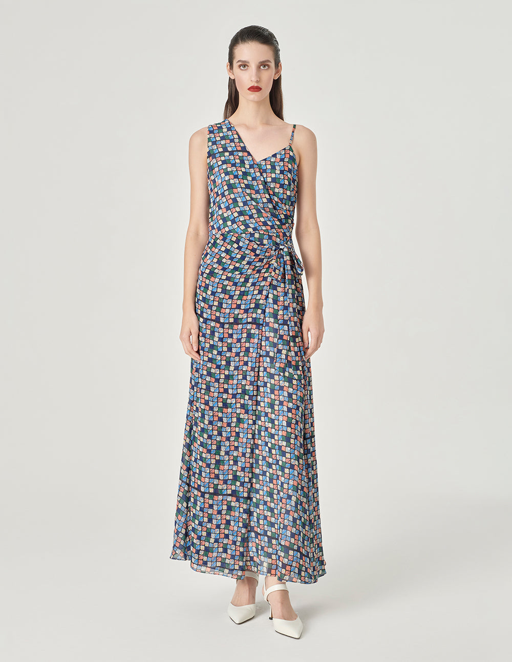 MARYLING Asymmetrical V-Neck Tie-Waist Plaid Print Maxi Dress