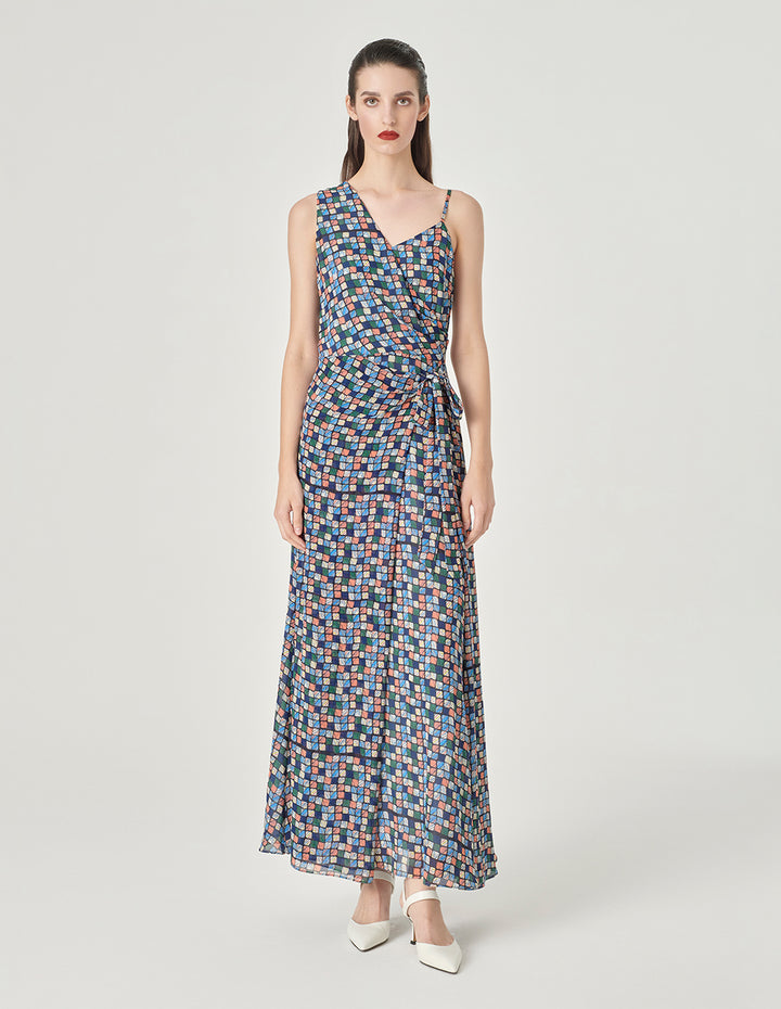 MARYLING Asymmetrical V-Neck Tie-Waist Plaid Print Maxi Dress