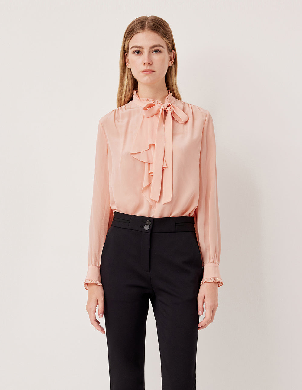 MARYLING Bowknot Ruffled Stand Collar Long Sleeve Mulberry Silk Blouse