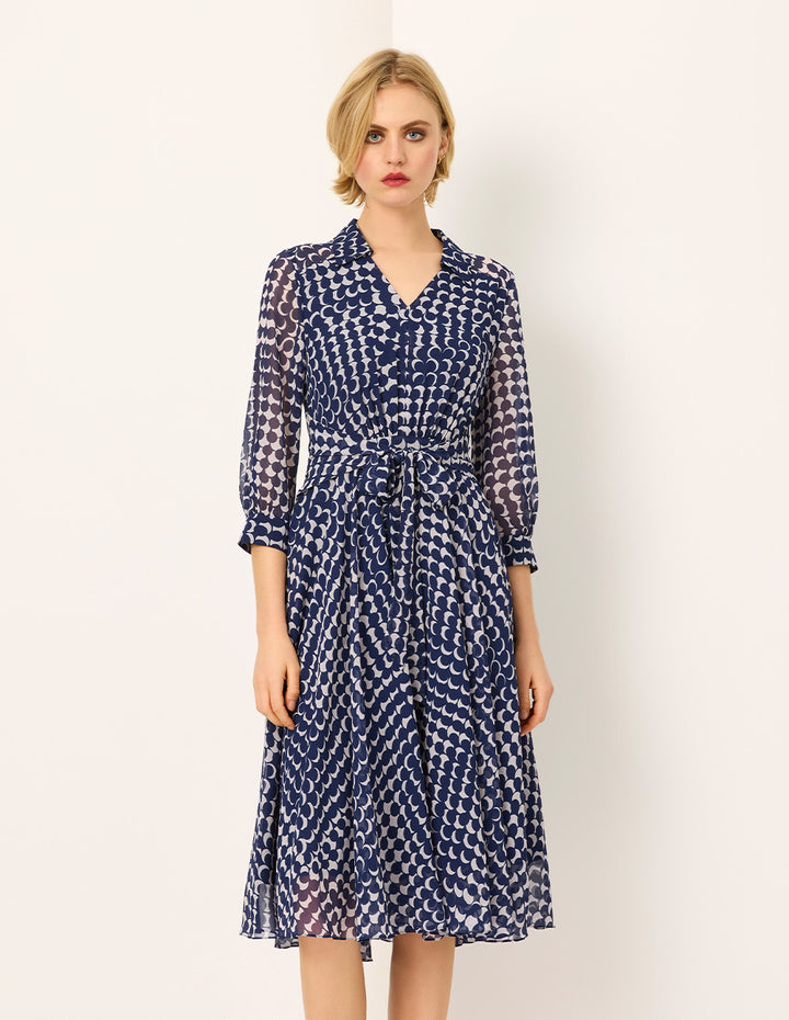MARYLING Shirt Collar Long-Sleeve Empire Tie-Waist Printed  Midi Dress