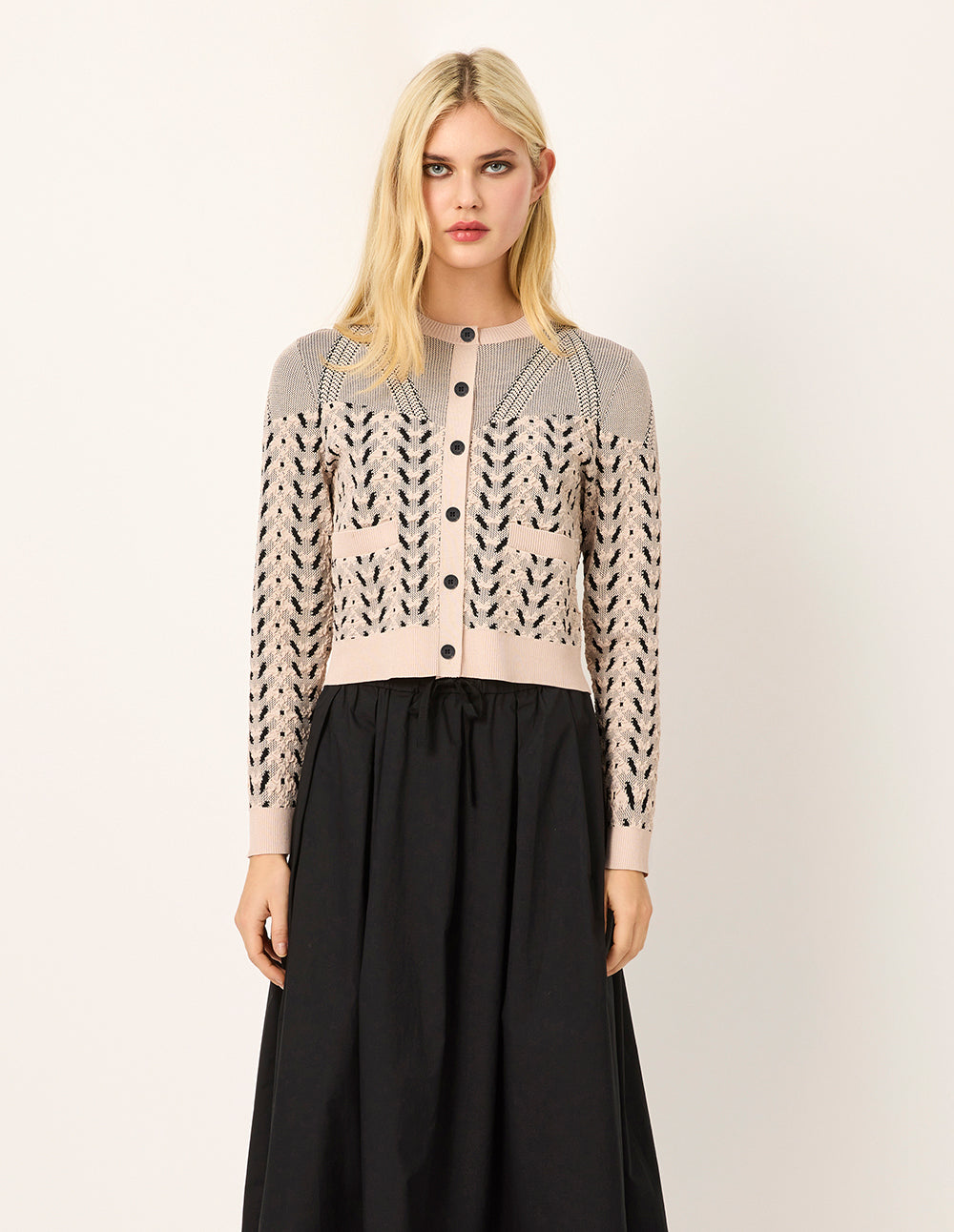 MARYLING Round Neck Geometric Print Long Sleeve Knit Cardigan