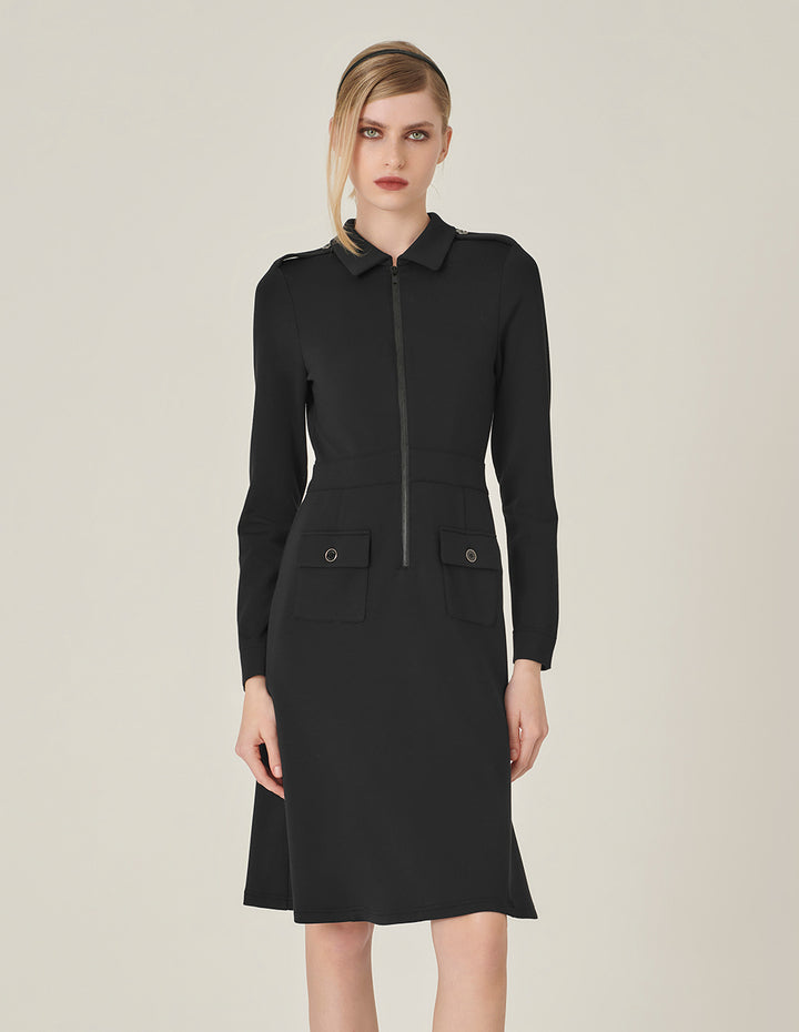 MARYLING Shirt Collar Long-Sleeve Shift Knitted Midi Dress