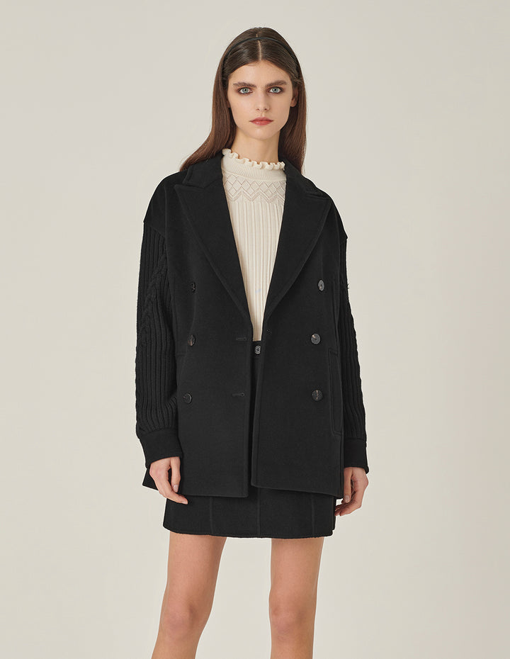 MARYLING Black Peak Lapel Double-Breasted Woolen-Sleeve Coat