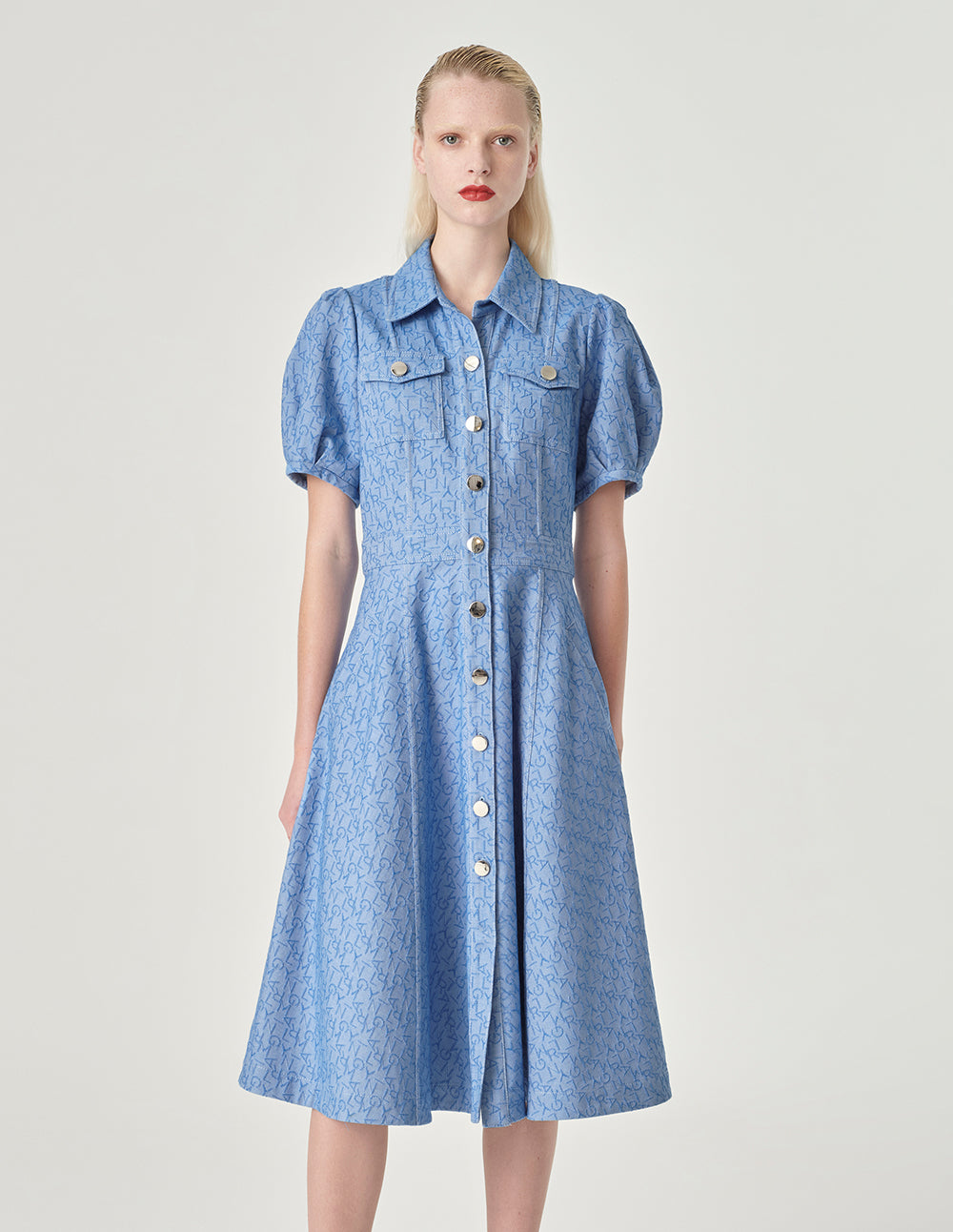 MARYLING Logo Jacquard Denim Short Sleeve Dress