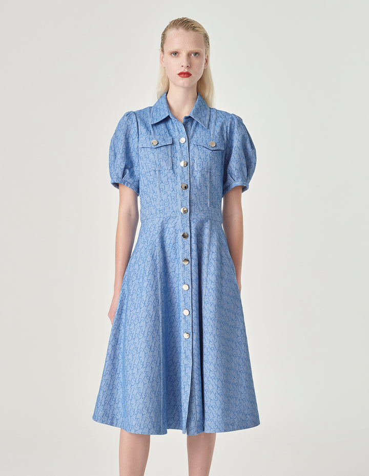 MARYLING Logo Jacquard Denim Short Sleeve Dress