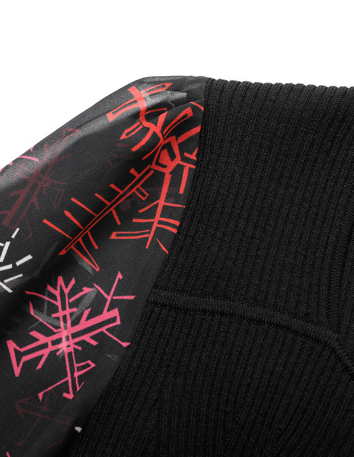 MARYLING Knitted Patchwork Printed Long-Sleeved Pleated Midi Dress