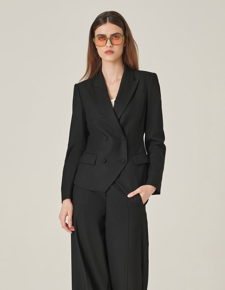 MARYLING Black Double-Breasted Faux Wool Blazer