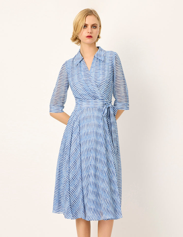 MARYLING Lapel Stripe Print Empire-Waist Pleated Midi Wrap Dress