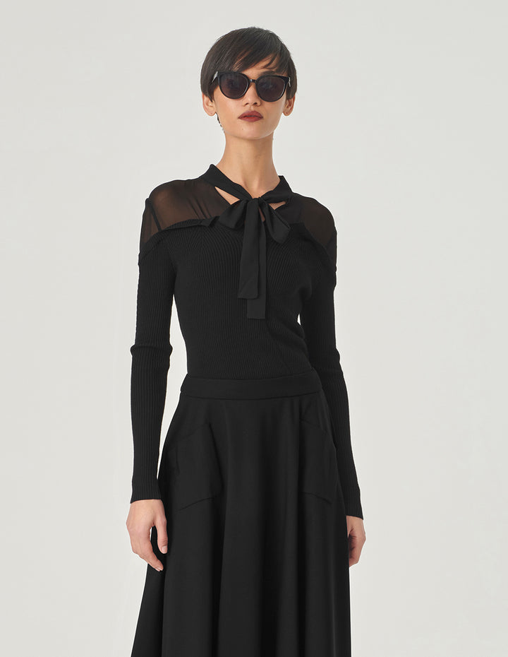 MARYLING Black Knit Woven Top Strappy Top