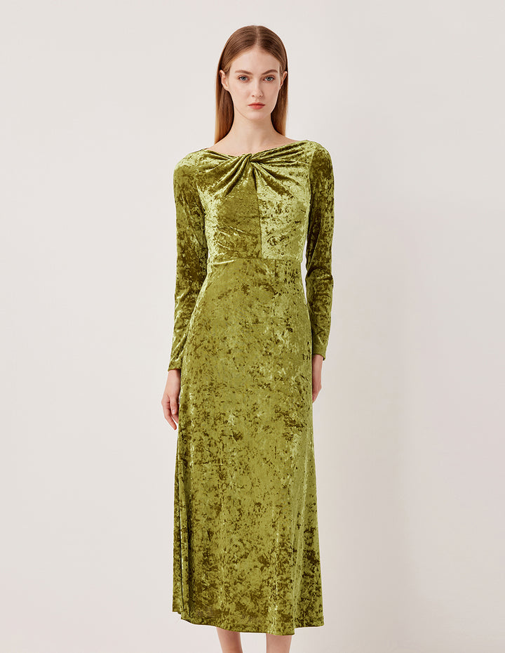 MARYLING Twist V-Neck Gold Velvet Long Sleeve Evening Gown