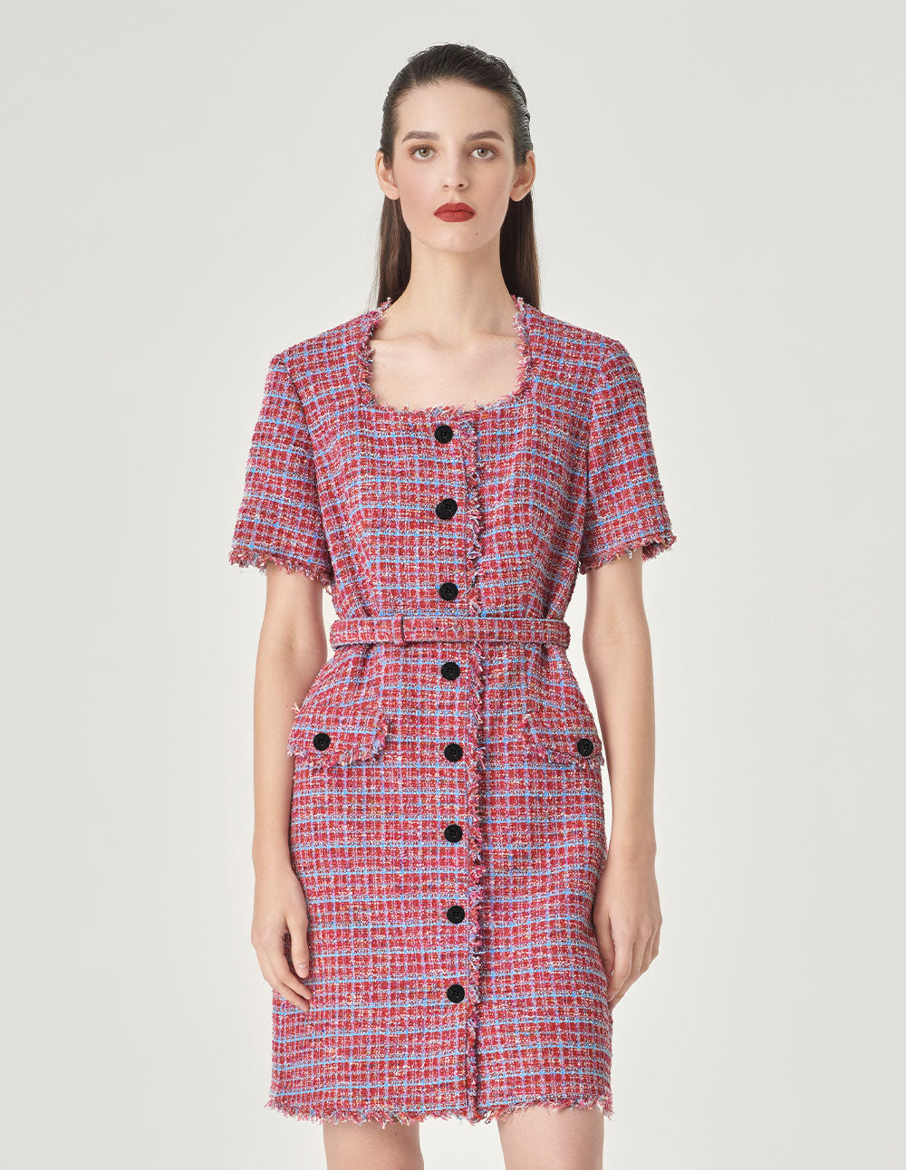 MARYLING Powder Blue Plaid Tweed Short-Sleeved Dress