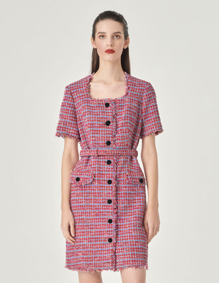 MARYLING Powder Blue Plaid Tweed Short-Sleeved Dress