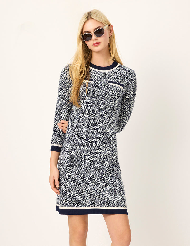 MARYLING Blue & White Trimmed Wool Knit Midi Shift Dress