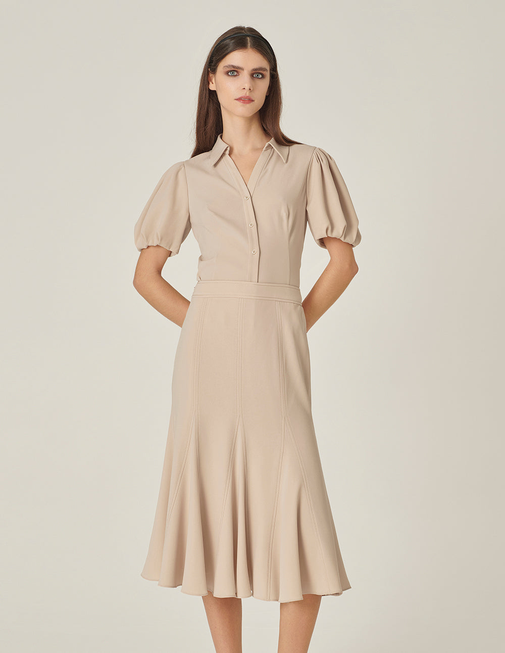 MARYLING V-Neck Puff Sleeve Waist Apricot Top