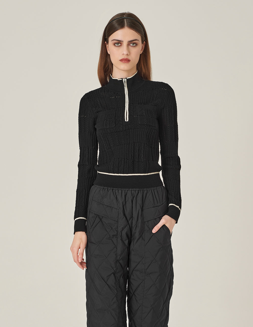 MARYLING Half-High Collar White-Striped Zipper Knitted Sweater