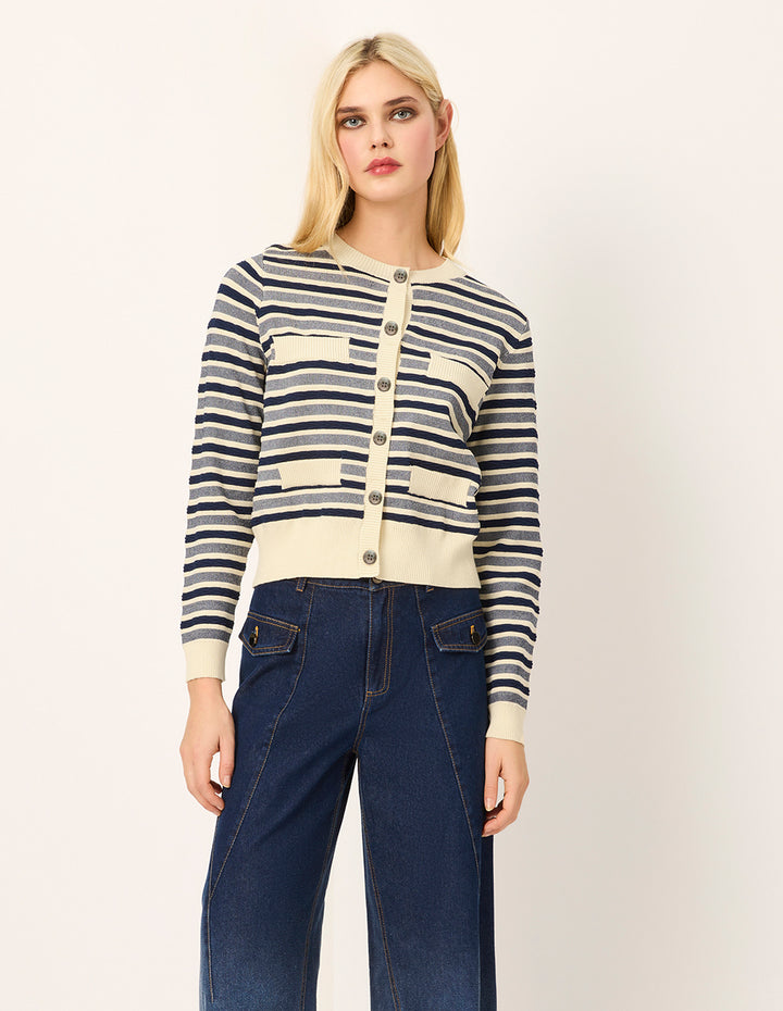 MARYLING Round Neck Long Sleeve Striped Mutil-Pockets Cardigan