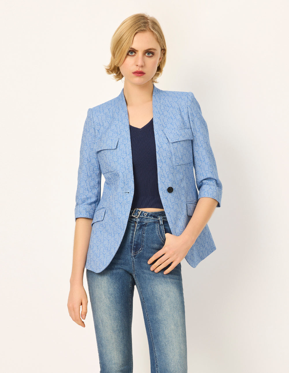 MARYLING V-Neck 3/4 Sleeve Logo-Letters Jacquard Blazer