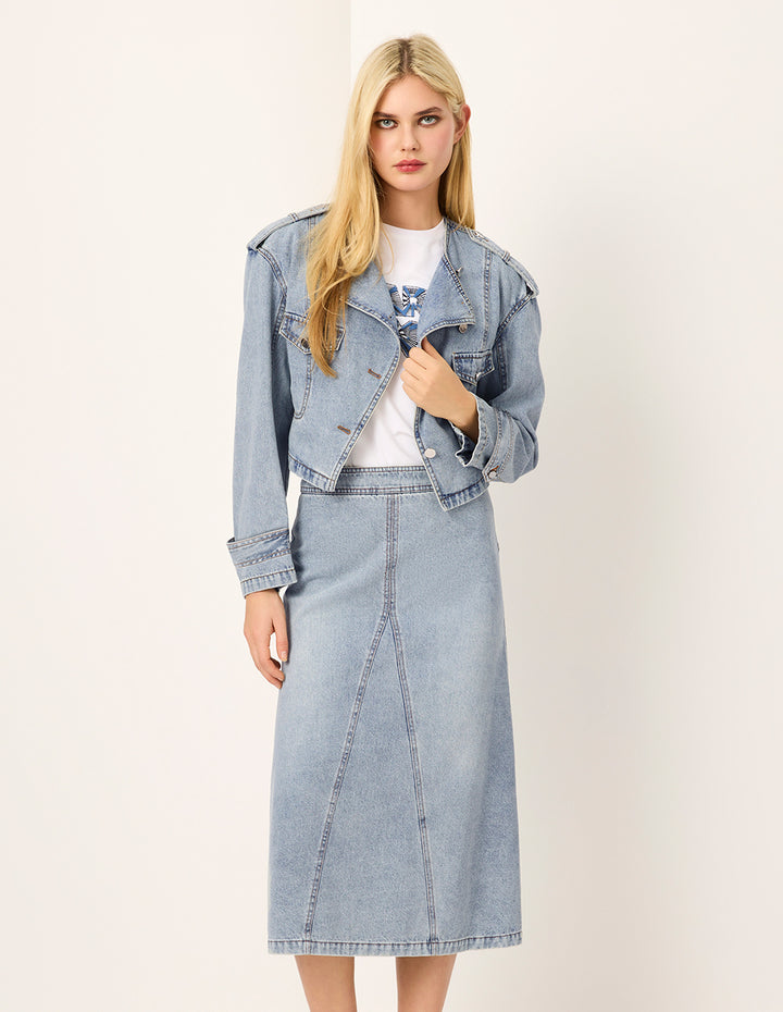MARYLING Round-Neck Diagonal-Breasted Washed Denim Biker Jacket
