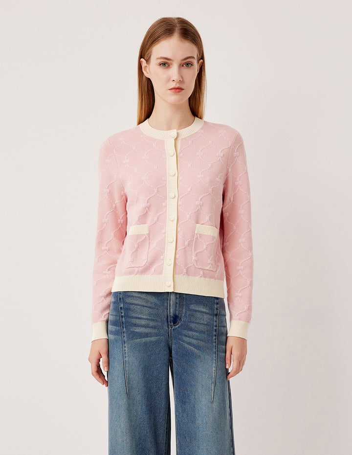 MARYLING Round Neck Long-Sleeve Beige Stripe Trim Knit Cardigan