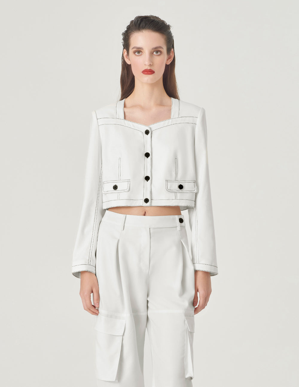 MARYLING White Contrast Topstitched Short Jacket