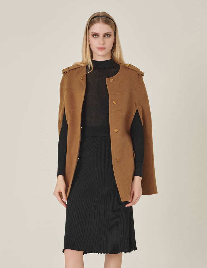 MARYLING Camel Silk Round Collar Cape Jacket