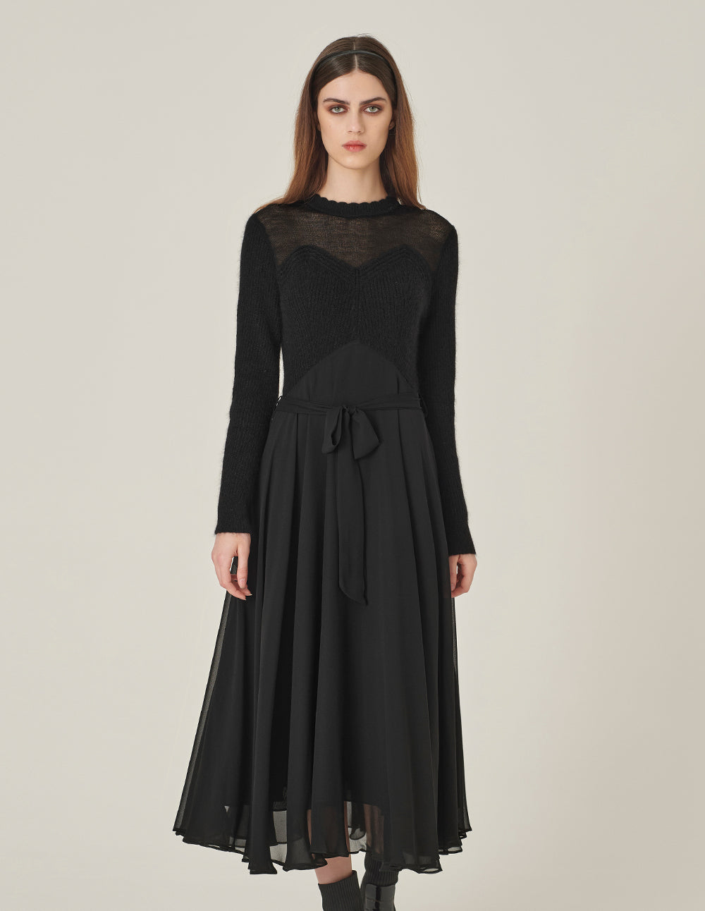 MARYLING Crew-Neck Long-Sleeve Empire Large-Hem Pleated Knitted Midi Dress
