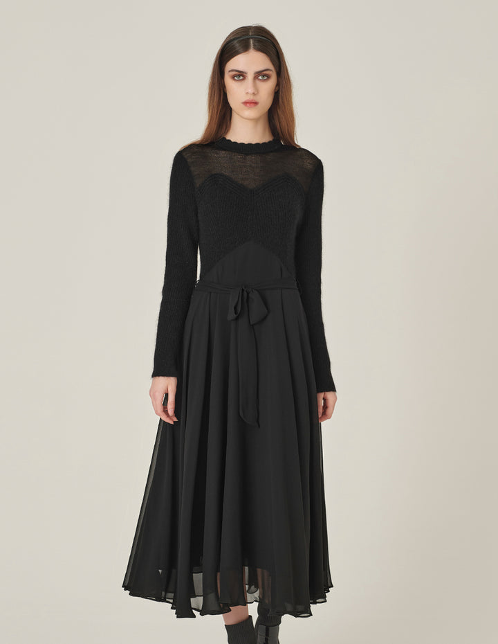 MARYLING Crew-Neck Long-Sleeve Empire Large-Hem Pleated Knitted Midi Dress