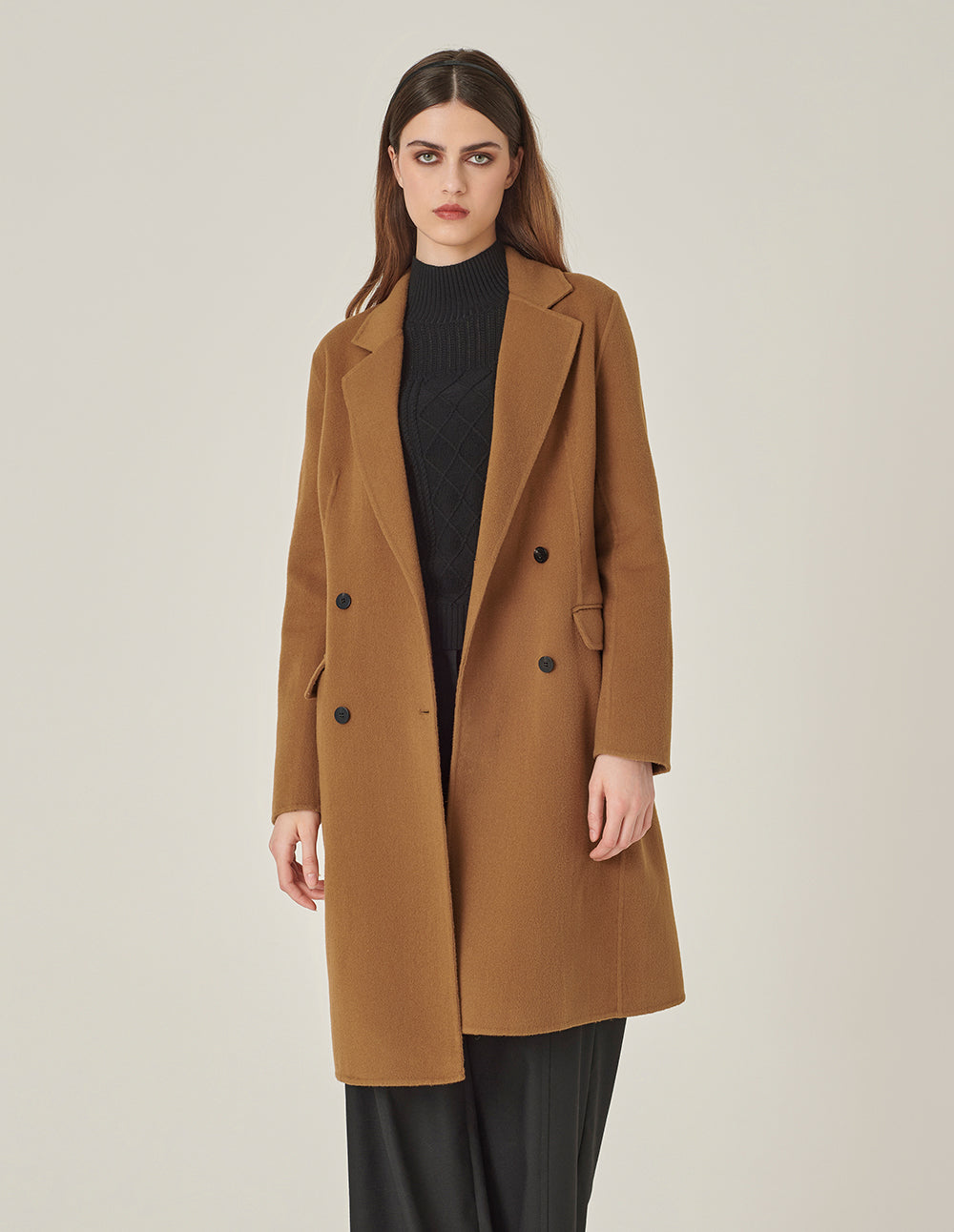MARYLING Camel Double-Breasted Silk Wool Double-Sided Coat