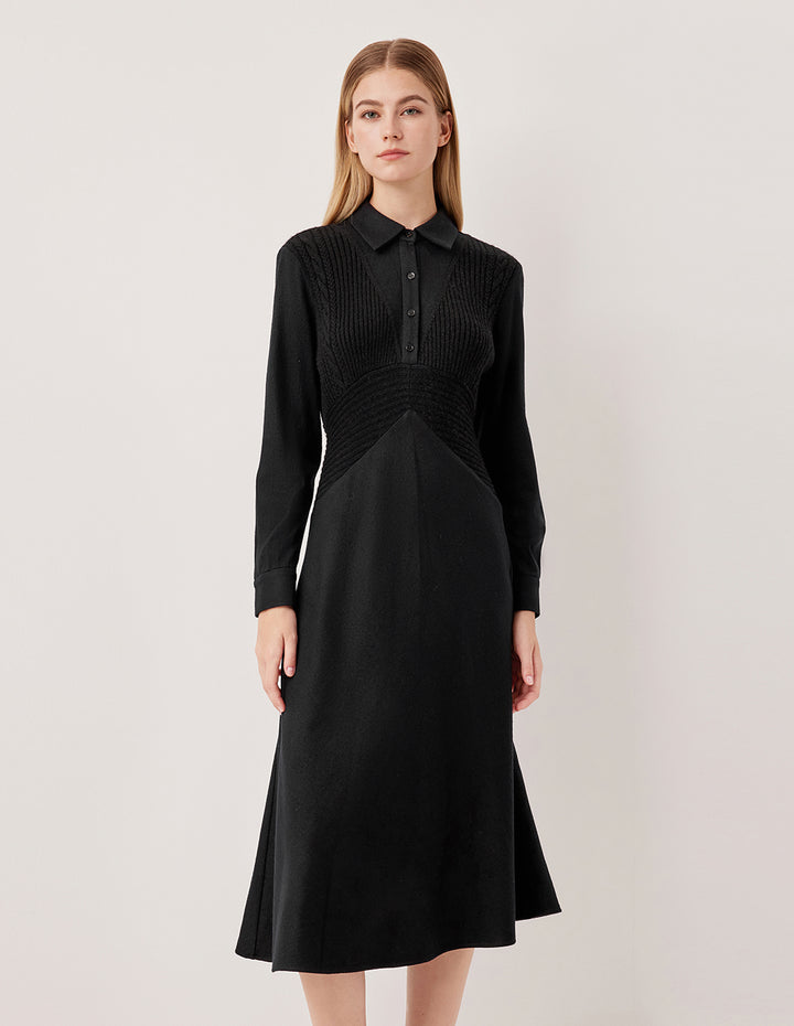 MARYLING Collar Pleated Shirt Dress Patchwork Knit Vest