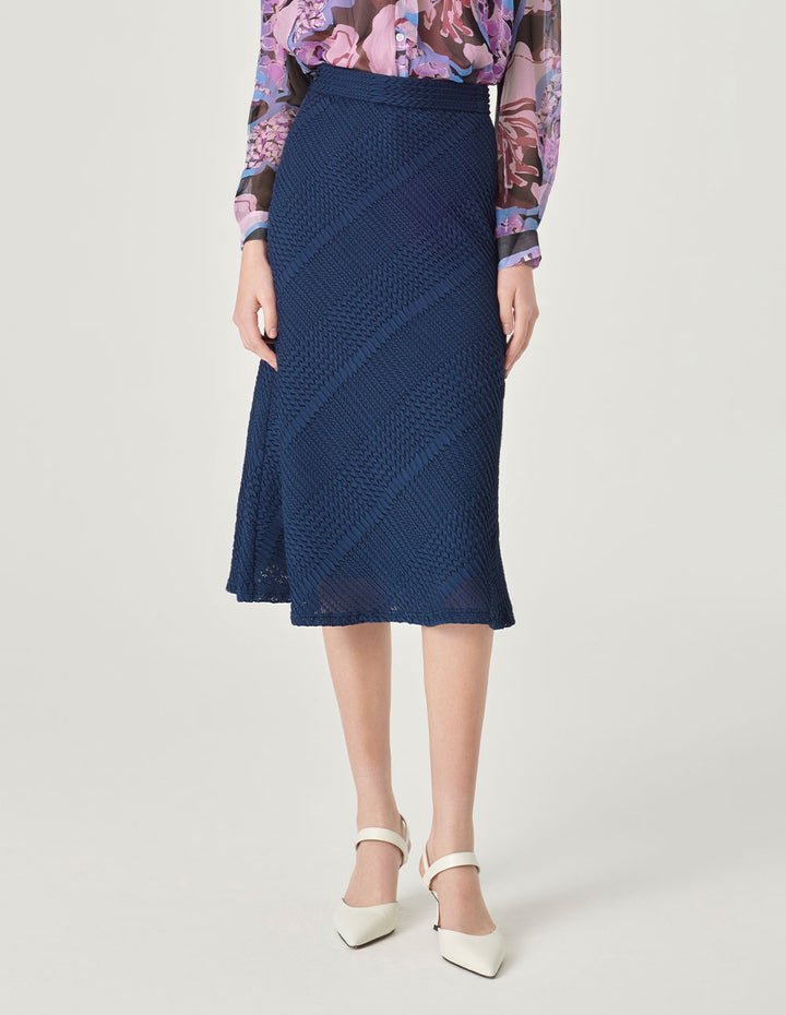 MARYLING Dark Blue Pleated Striped Lace Fishtail Skirt