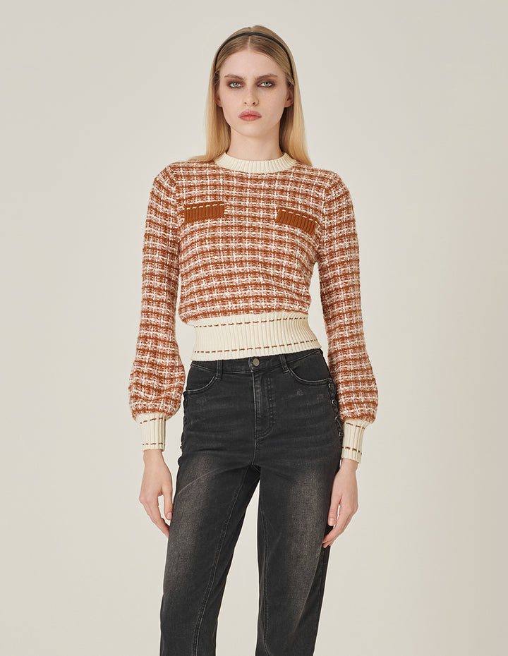 MARYLING Plaid Round Neck Long-Sleeved Cropped Knit Sweater