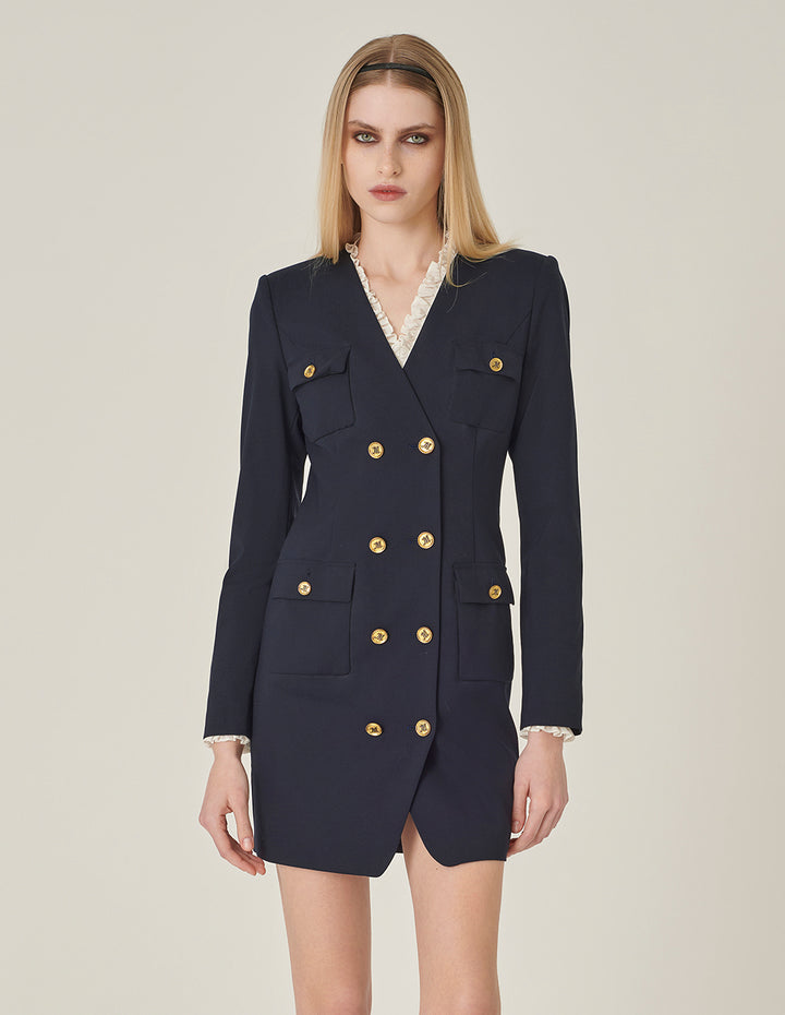 MARYLING Dark Blue V-Neck Long-Sleeve Double-Breasted Shift Mini Dress