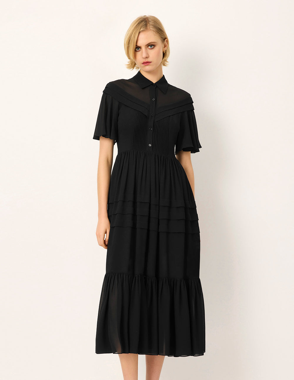 MARYLING Lapel Sheer Overlay Ruffled Short-Sleeve Pin-Tuck Empire-Waist Pleated Midi Dress