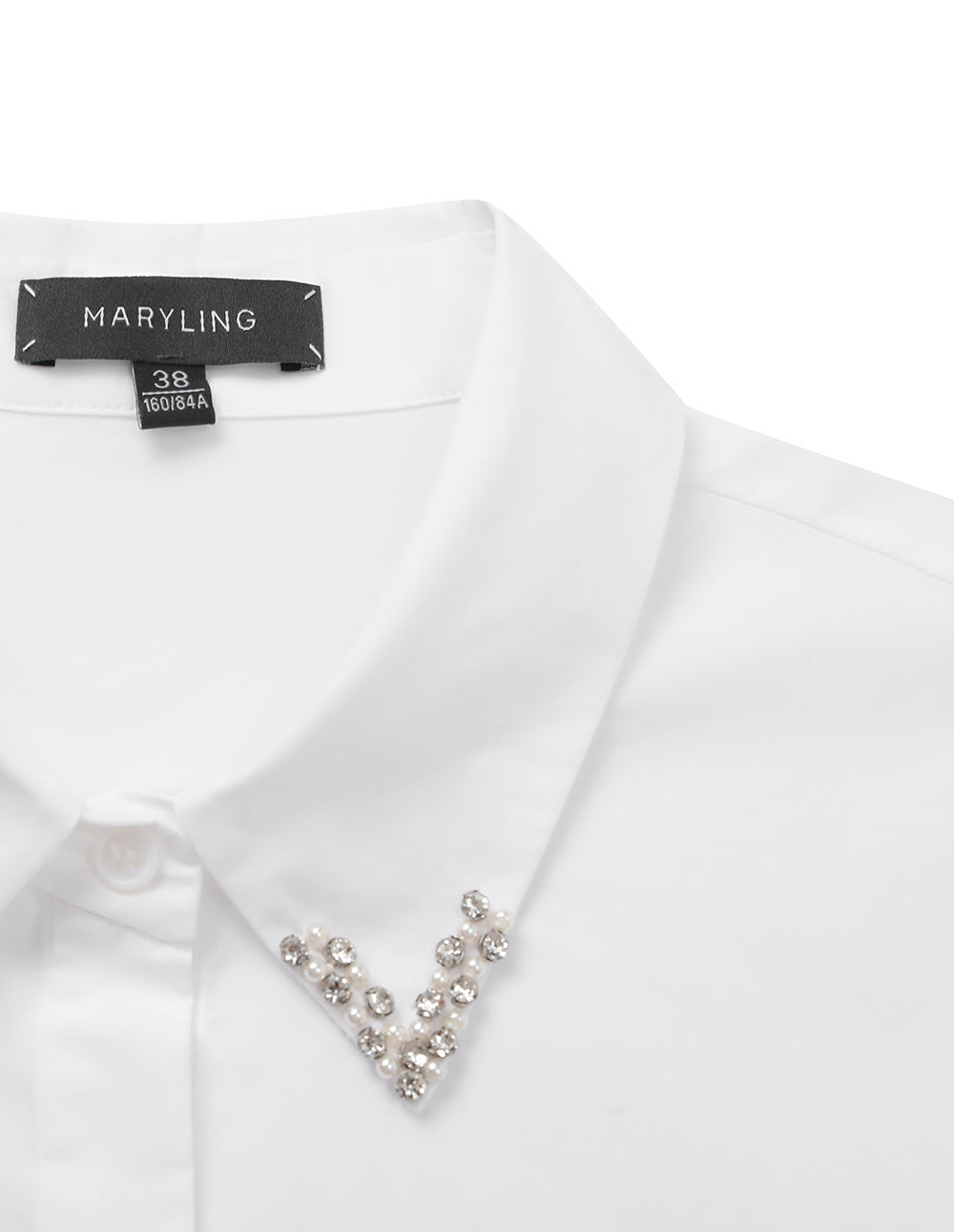 MARYLING Pearl Bead Collar Long Sleeve Cotton White Blouse