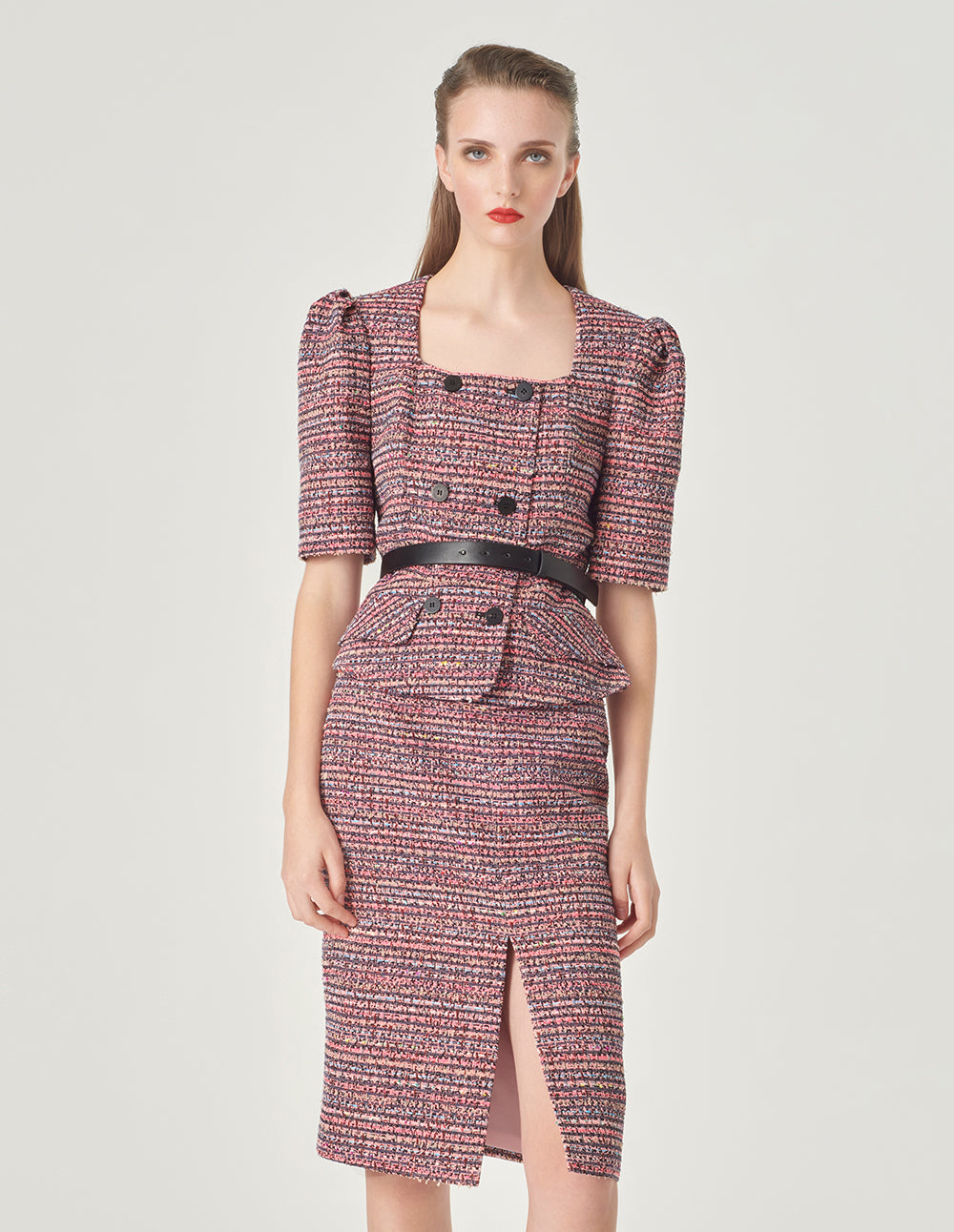 MARYLING Pink Striped Square Collar Tweed Jacket