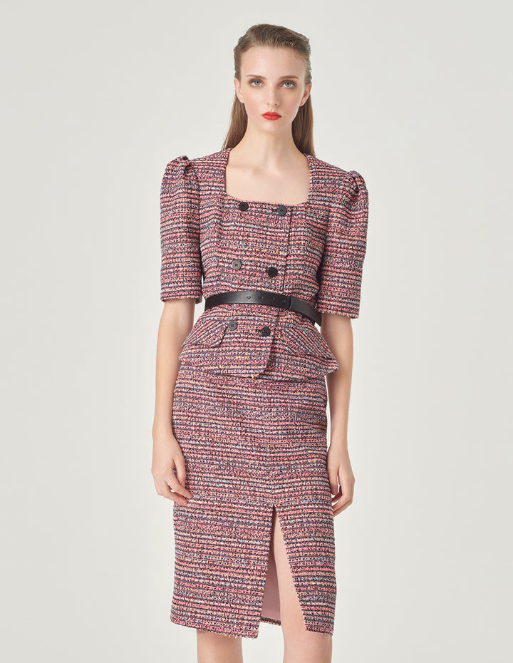 MARYLING Pink Striped Square Collar Tweed Jacket