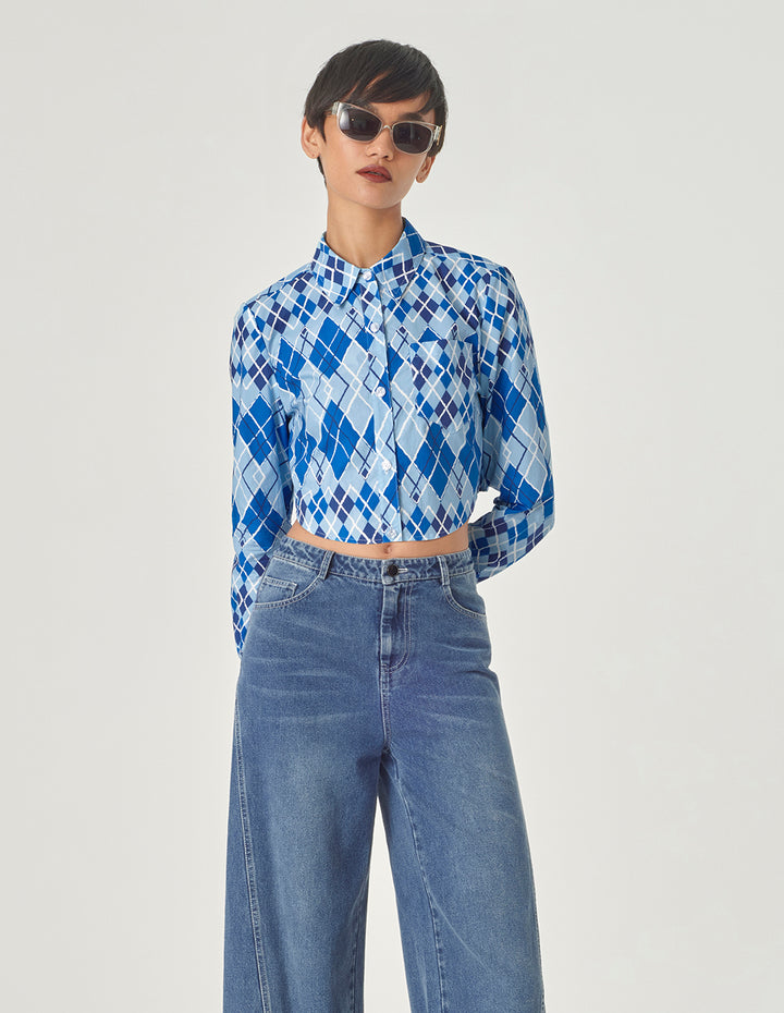 MARYLING Blue And White Plaid Shirt Collar Round Hem Blouse